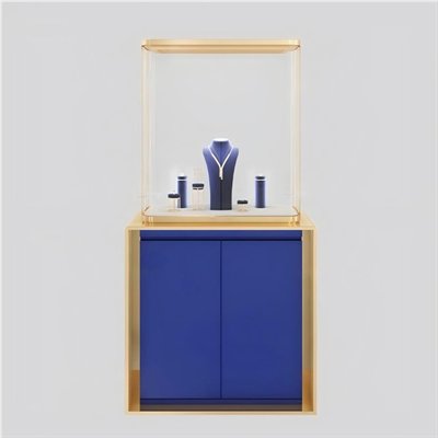 Vetrina per gioielli coordinata oro-blu intenso: centro opulento per vendite-...