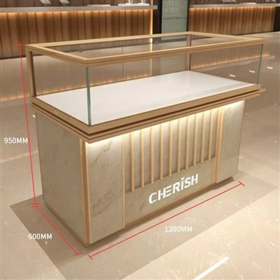 Doppio lusso moderno-Finitura champagne-Verticale dorato-Piano di lavoro in vetro trasparente accentuato-Ambiente chiuso-Consolle per vetrina gioielli illuminata