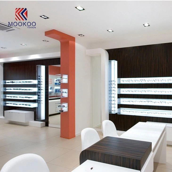 Wood And Glass Eyewear Cabinets Interior Decoration Wall Frames Showroom