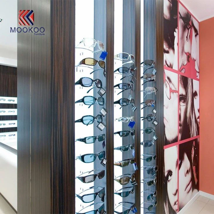 Wood And Glass Eyewear Cabinets Interior Decoration Wall Frames Showroom