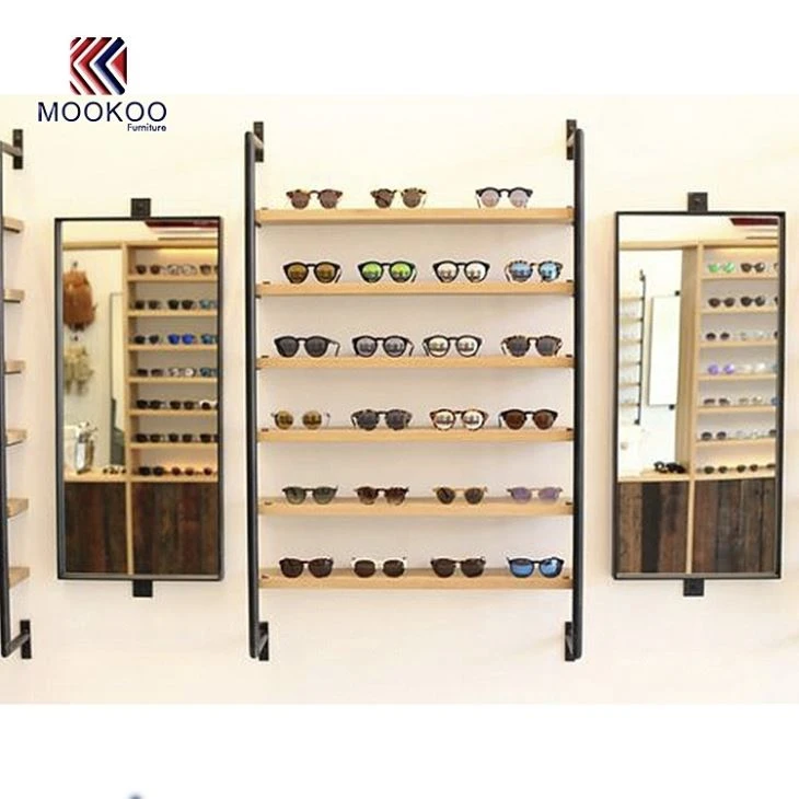 Metal And Wood Glasses Eyewear Shelf Display Design