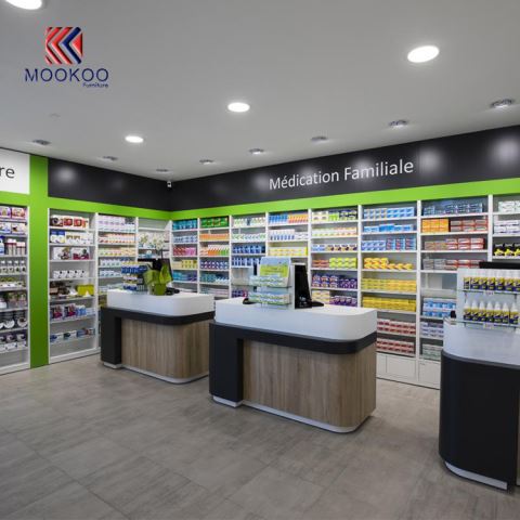 Scaffali di stoccaggio del negozio di droga del banco di mostra del negozio della farmacia