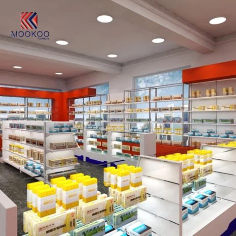 Scaffali di esposizione del negozio di farmacia al minuto
